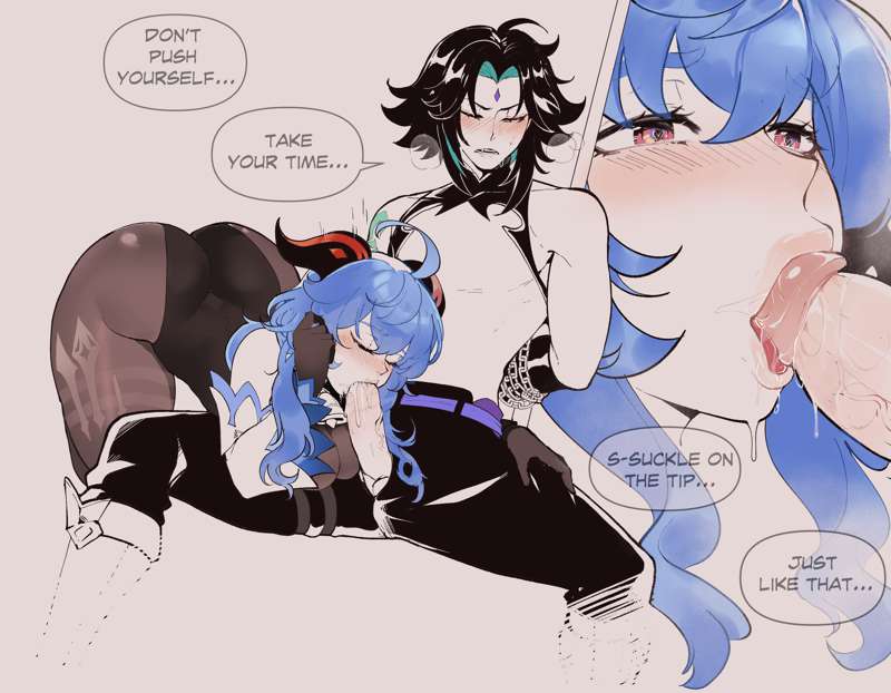 ass, ass up, black hair, blue hair, chained, comic, english text, fellatio, female, ganyu (genshin impact), genshin impact, goat horns, leotard, lips, oral, pantyhose, sitting on chair, text, thiccwithaq, top-down bottom-up, xiao (genshin impact)