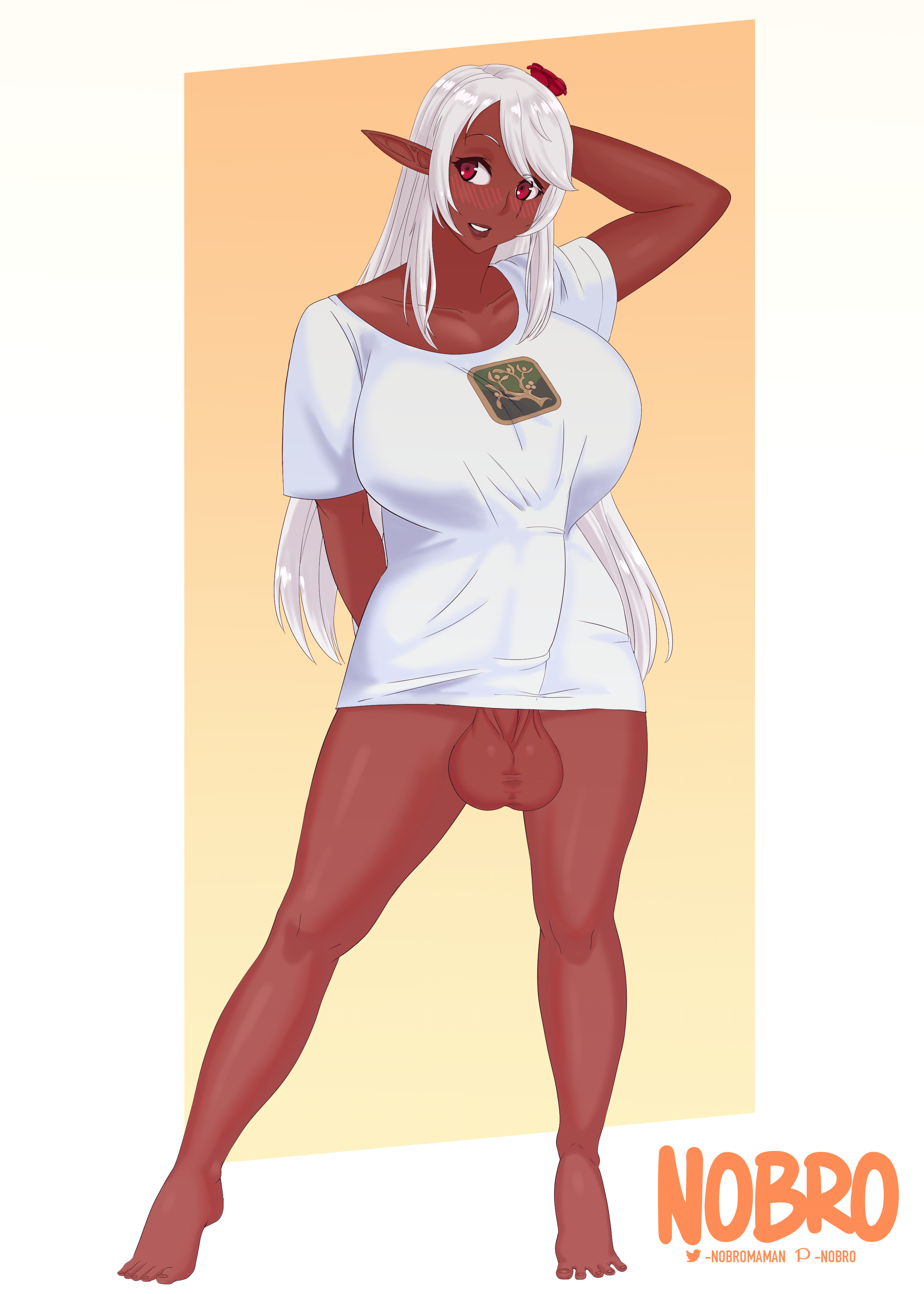 1futa, absurdres, balls, big breasts, big penis, breasts, bulge, dark skin, dark-skinned futa, dickgirl, elf, erection under clothes, futa only, futanari, highres, intersex, large breasts, nobro, penis, penis under clothes, solo, solo futa, testicles