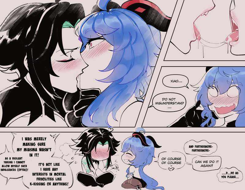 black hair, blue hair, blush, chained, comic, english text, female, ganyu (genshin impact), genshin impact, goat horns, kissing, lips, saliva, saliva trail, text, thiccwithaq, wholesome, xiao (genshin impact)