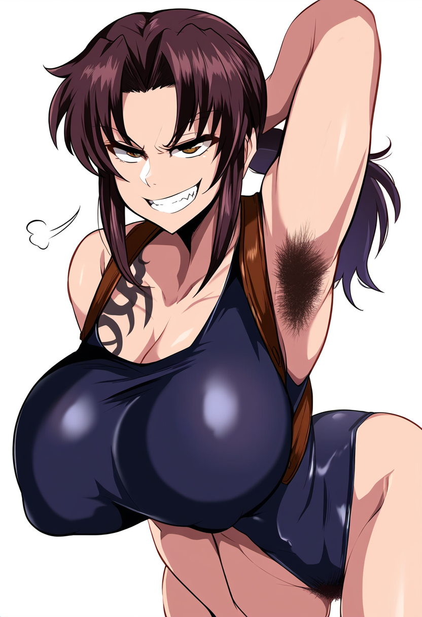 ai generated, armpit fetish, armpit hair, armpits, black lagoon, breasts, female, female armpit hair, gloopai, grin, hairy, hairy armpits, looking at viewer, nai diffusion, nipple bulge, nipples, nipples visible through clothing, pubic hair, revy, smirk, sweat, sweatdrop, sweating, swimsuit, tattoo