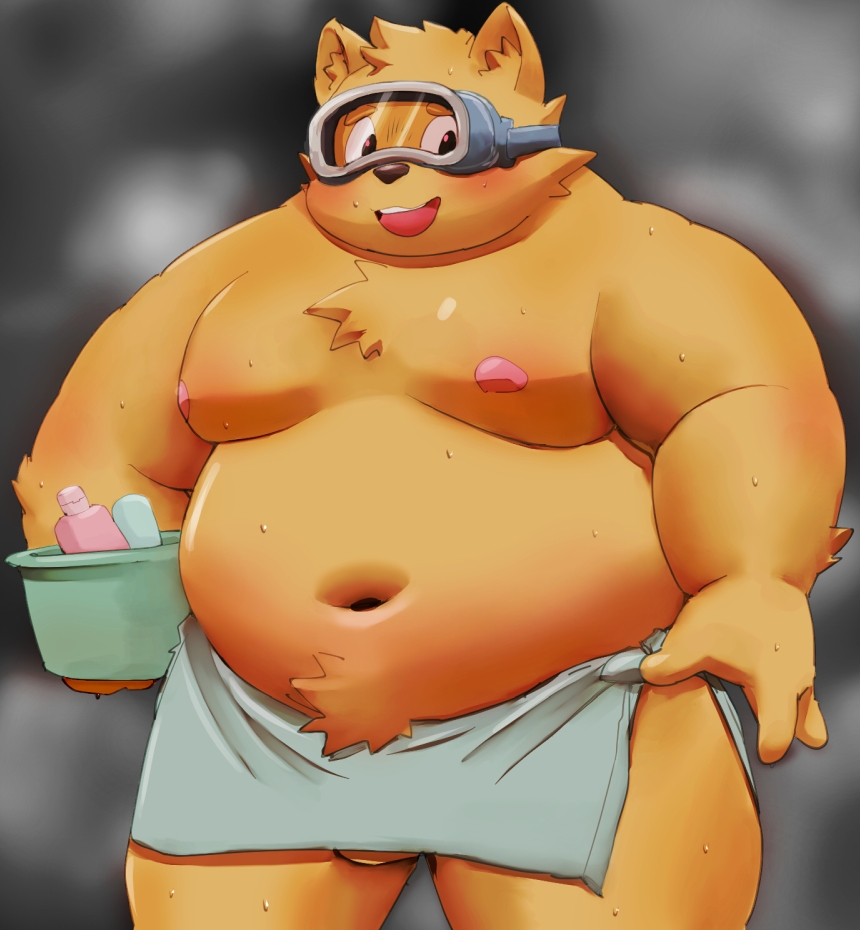 2023 anthro belly big_belly blush brown_body brown_fur canid canine canis domestic_dog fur kemono male mammal meg_hoi moobs navel nipples overweight overweight_male solo towel