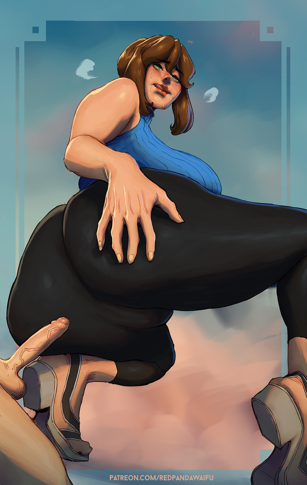 1boy, 1girls, ass, avatar legends, balls, big breasts, blush, breasts, brown hair, commission, crouching, female, female focus, hand on ass, hand on own ass, hi res, korra, licking lips, looking at viewer, male, penis, redpandawaifu, the avatar, the legend of korra, thick ass, thick thighs, water tribe