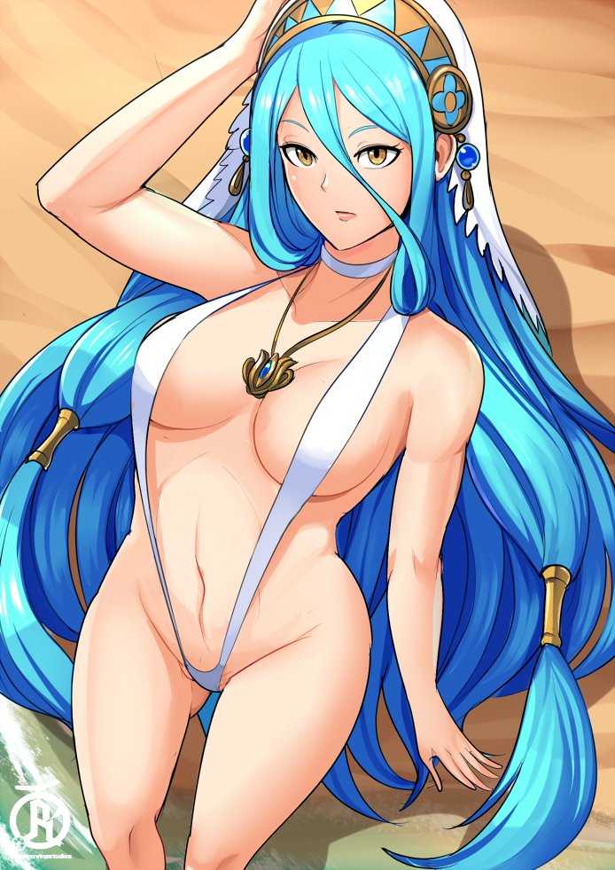 1girls, azura (fire emblem), beach, blue hair, color, female, fire emblem, fire emblem fates, green eyes, long hair, naughty face, nintendo, revolverwingstudios, seductive, solo, string bikini