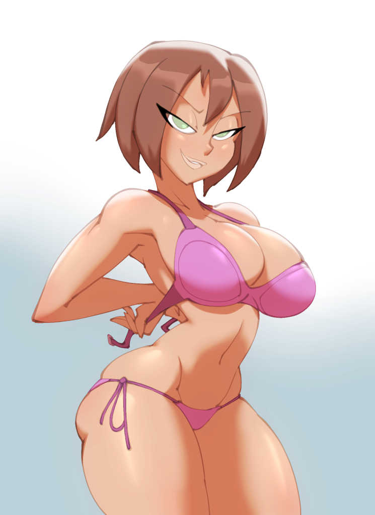 1girls, big breasts, bigdad, bikini, bikini bottom, bikini top, blush, bonnie rockwaller, breasts, brown hair, disney, disney channel, female, female focus, female only, green eyes, kim possible, large breasts, looking at viewer, short hair, solo, solo female, swimsuit, thick thighs