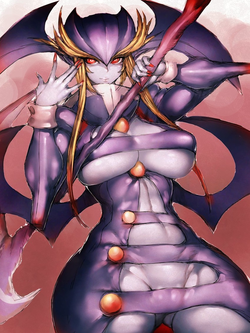 1girls abs batwings blonde_hair breasts cameltoe capcom cleavage clothed clothed_female clothes clothing covered_pussy curvy darkstalkers demon demon_girl female female_only fumio_(rsqkr) gender_bender genderswap_(mtf) high_res jedah_dohma large_breasts light_smile looking_at_viewer midnight_bliss nail_polish nails pose posing purple_skin red_background red_eyes red_nails rule_63 scythe sharp_fingernails smile source_request thick_eyebrows thick_thighs underboob vampire_(game) vampire_savior weapon wide_hips wings