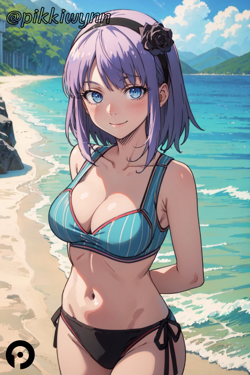 ai_generated arms_behind_back bangs beach bikini black_flower black_hairband black_rose blue_eyes blush breasts cleavage closed_mouth cloud collarbone cowboy_shot dagashi_kashi day female flower hair_flower hair_ornament hairband looking_at_viewer navel ocean outdoors pikkiwynn purple_hair rose shidare_hotaru short_hair side-tie_bikini_bottom sky smile solo swimsuit water