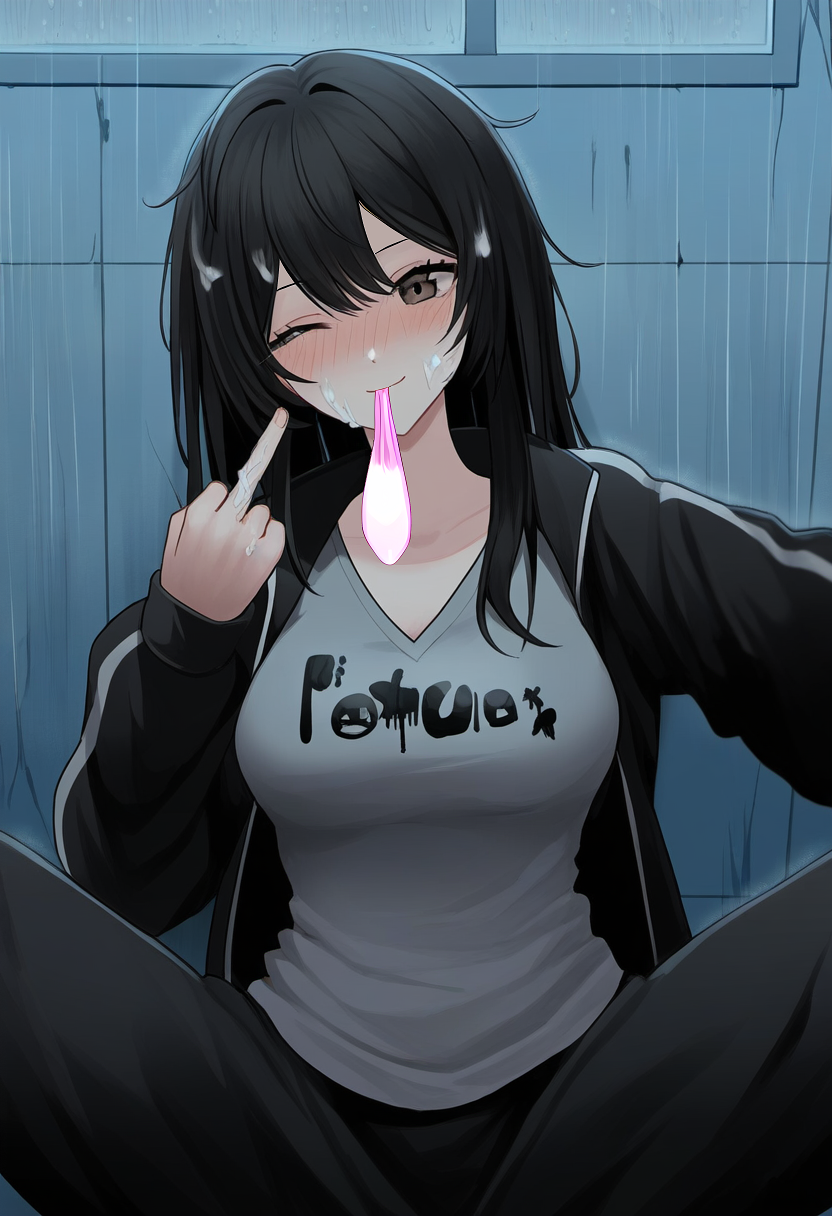 after_sex ai_generated black_hair black_jacket black_pants clothes_writing condom condom_in_mouth cum cum_on_face cum_on_finger cum_on_hair cum_on_hand grey_t-shirt light_smile long_bangs medium_hair messy_hair middle_finger one_eye_closed open_jacket parted_bangs rain sitting spread_legs t-shirt taking_selfie track_jacket track_pants used_condom window