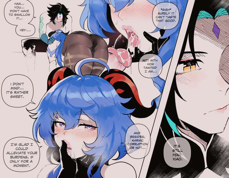 1boy, 1girls, ass, black hair, blue hair, chained, comic, cum, cum drip, cum in mouth, english text, fellatio, female, ganyu (genshin impact), genshin impact, goat horns, heart-shaped pupils, leotard, lips, male, pantyhose, text, thiccwithaq, xiao (genshin impact)