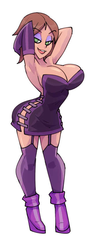 1girls, big breasts, bigdad, bonnie rockwaller, breasts, brown hair, clothed, clothing, disney, disney channel, female, female focus, female only, garter straps, gloves, green eyes, kim possible, large breasts, looking at viewer, makeup, open shirt, short hair, smile, solo, solo female, thighs