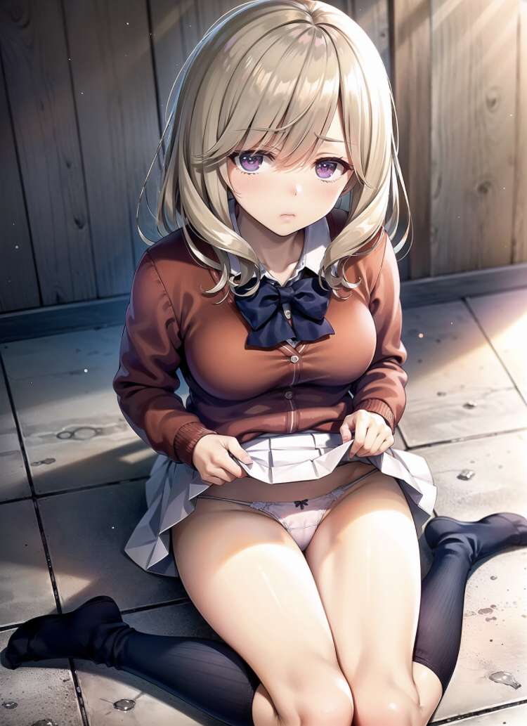 1girls ai_generated black_socks blonde_hair blue_ribbon classroom_of_the_elite female purple_eyes showing_panties sitting_on_floor skirt_lift solo_female solo_focus tsubaki_sakurako white_panties white_skirt youkoso_jitsuryoku_shijou_shugi_no_kyoushitsu_e