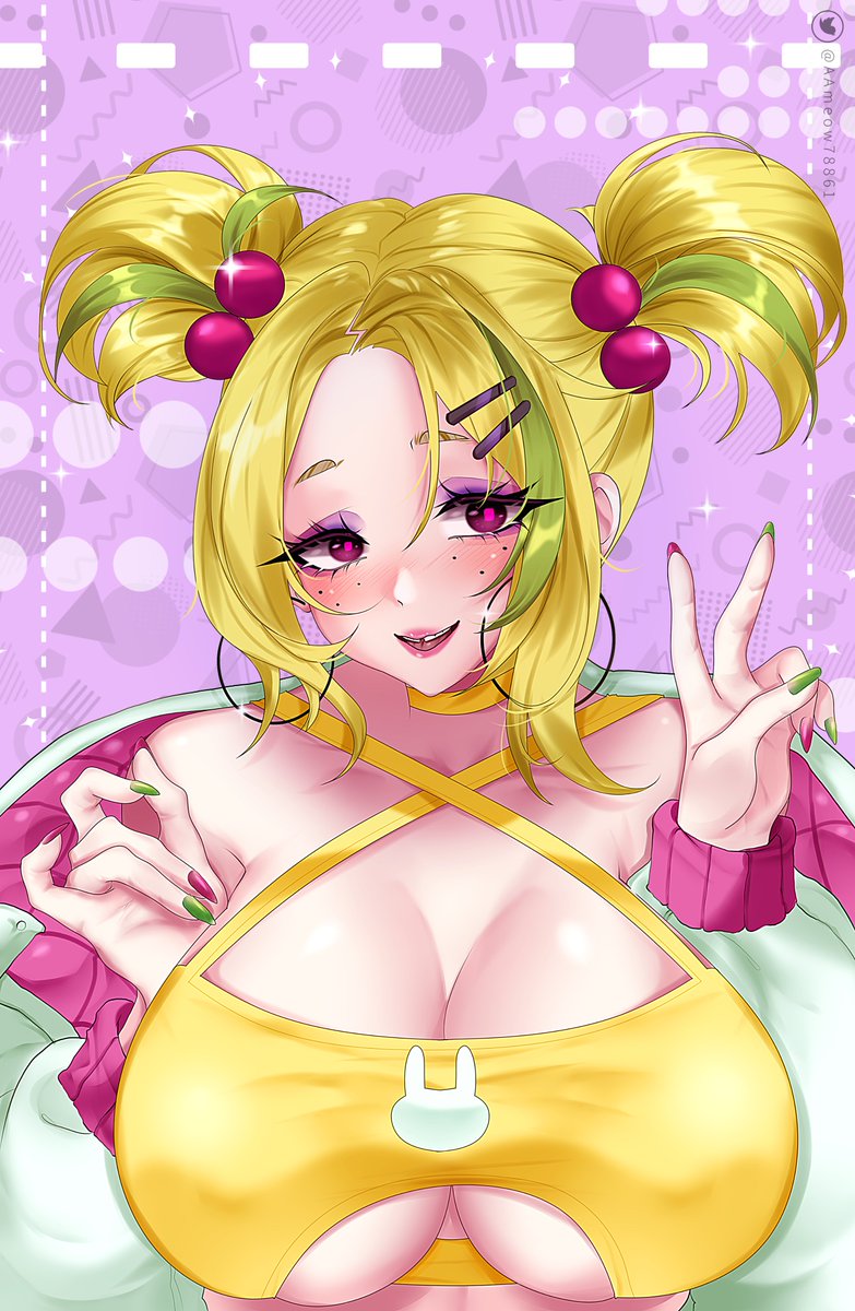 1girls 2023 asmodea_(artist) big_breasts blush cleavage earrings female female_only freckles gift_art green_highlights hairclip looking_at_viewer makeup peace_sign pearl_hair_ornament pink_eyes saya_(rizdraws) smiling smiling_at_viewer solo twintails underboob v_sign yellow_eyes