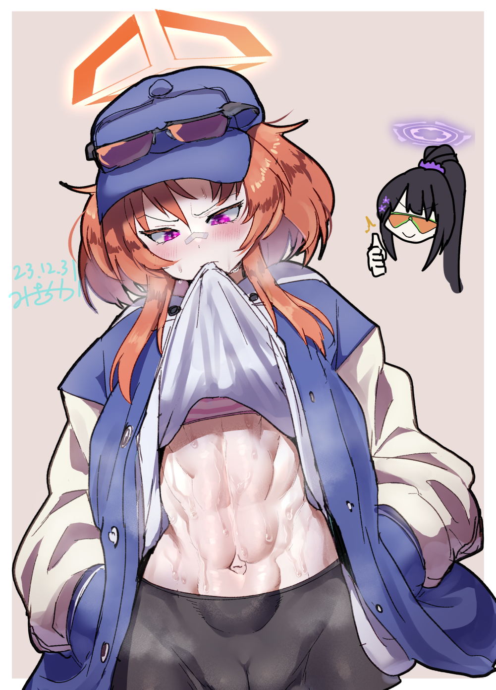 1girls abs bandage_on_nose belly belly_button biting_shirt blue_archive blush boyish brown_hair brunette_hair cameltoe clothed fit hands_in_pockets hat light-skinned_female light_skin mkck_(miki_chika) mostly_clothed pink_eyes plaster rei_(blue_archive) shirt_up stomach sumire_(blue_archive) sunglasses sunglasses_on_hat sweat sweating sweaty sweaty_belly tagme tomboy toned toned_female toned_stomach tummy