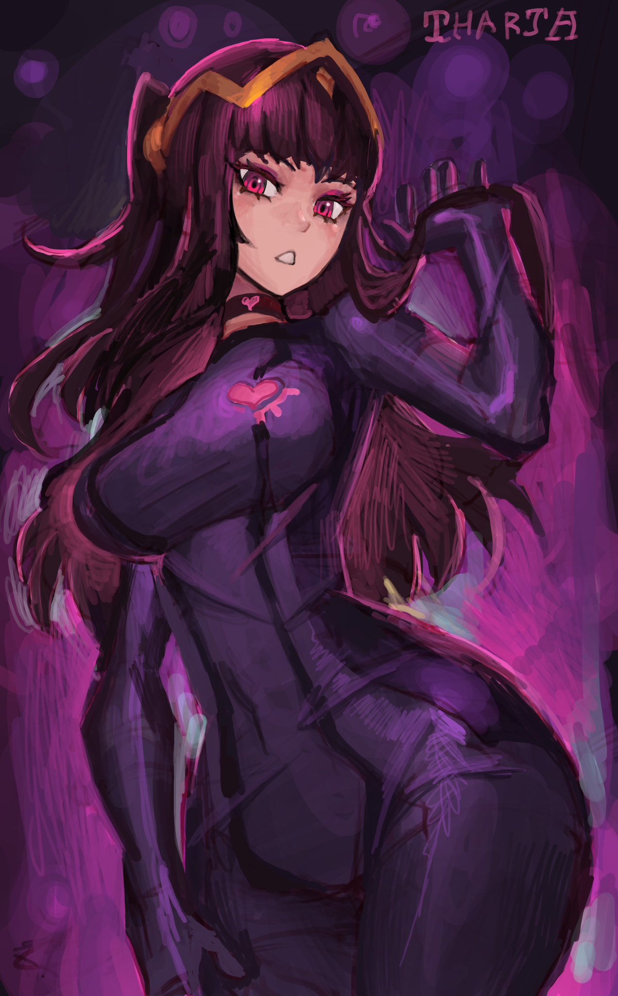 alternate_costume breasts cosplay crossover female female_only fire_emblem fire_emblem_awakening looking_at_viewer metroid nintendo saiykik samus_aran_(cosplay) solo tharja_(fire_emblem) zero_suit