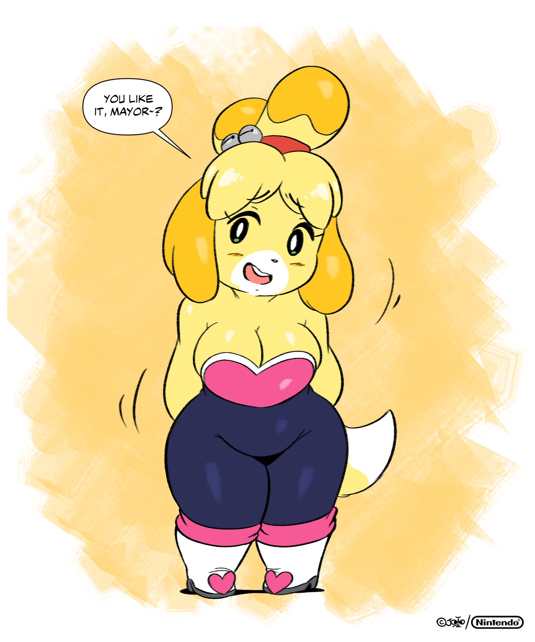 1girls, 2020, animal crossing, animal crossing new leaf, animal ears, anthro, anthrofied, black nose, boots, breasts, canid, canine, canis, cleavage, clothed, clothing, cosplay, crossover, cute, eyelashes, female, female only, footwear, fur, isabelle (animal crossing), joaoppereiraus, lyn nyl, nintendo, rouge the bat (cosplay), shih tzu, shoes, shortstack, sonic (series), sonic team, tail, text, thick, thick thighs, toy dog, twitter, video games, white fur, wide hips, yellow background, yellow fur