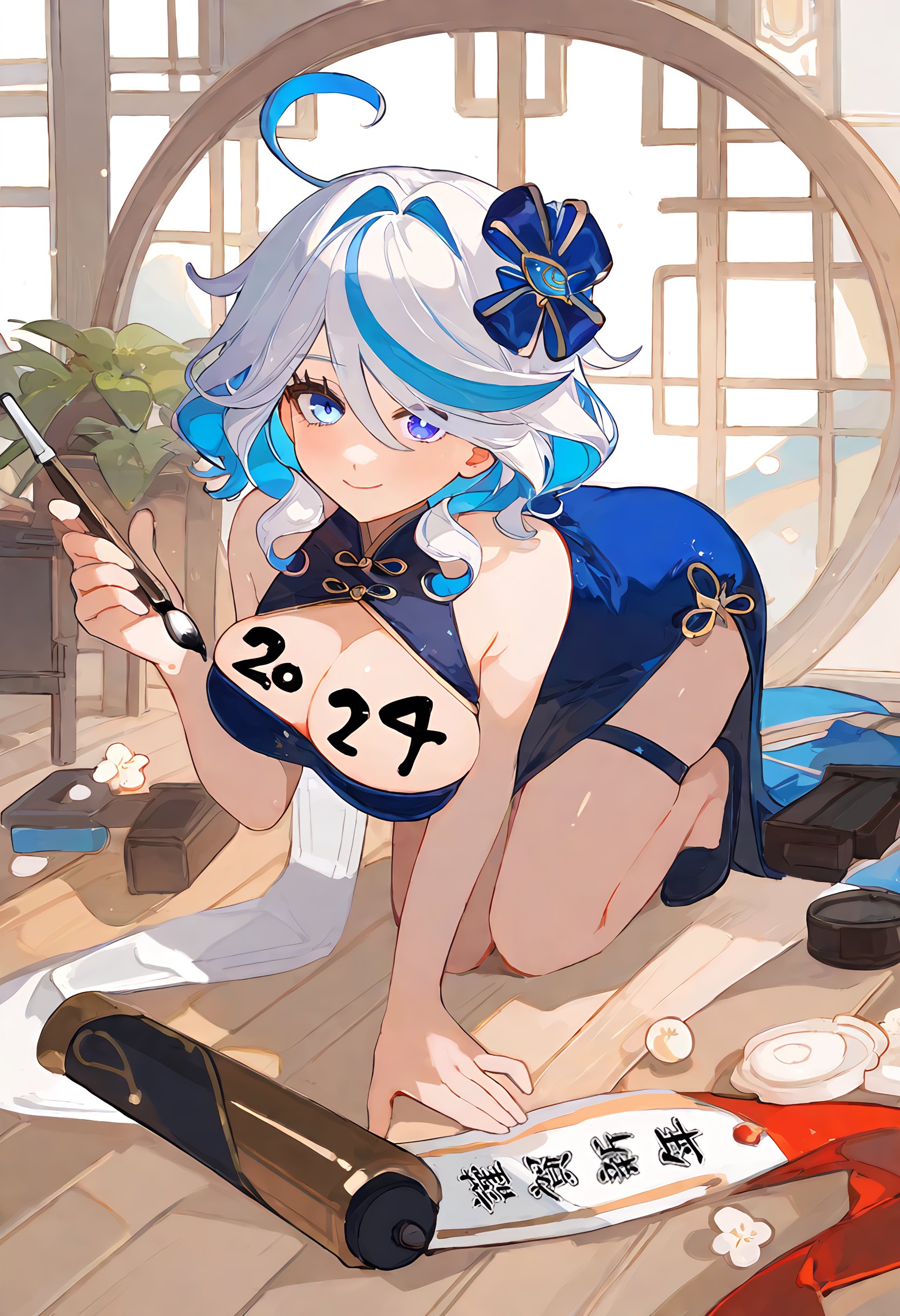 1girls, ai generated, bent over, blue eyes, breasts, china dress, chinese clothes, cleavage, female, furina (genshin impact), genshin impact, medium breasts, new year, smile, solo, white hair