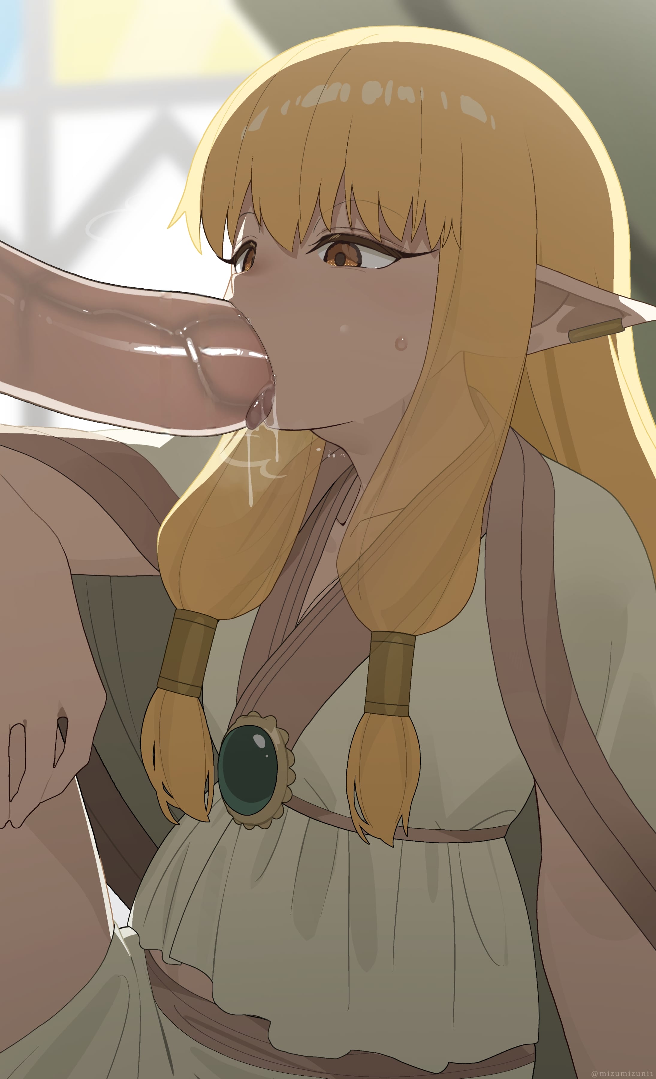 1boy, absurdres, blonde hair, blurry, blurry background, decensored, elf, elf ears, elf female, fellatio, female, highres, human, human male, long hair, male, male human/female elf, mizumizuni, oral, pointy ears, serie (sousou no frieren), sousou no frieren, uncensored, yellow eyes