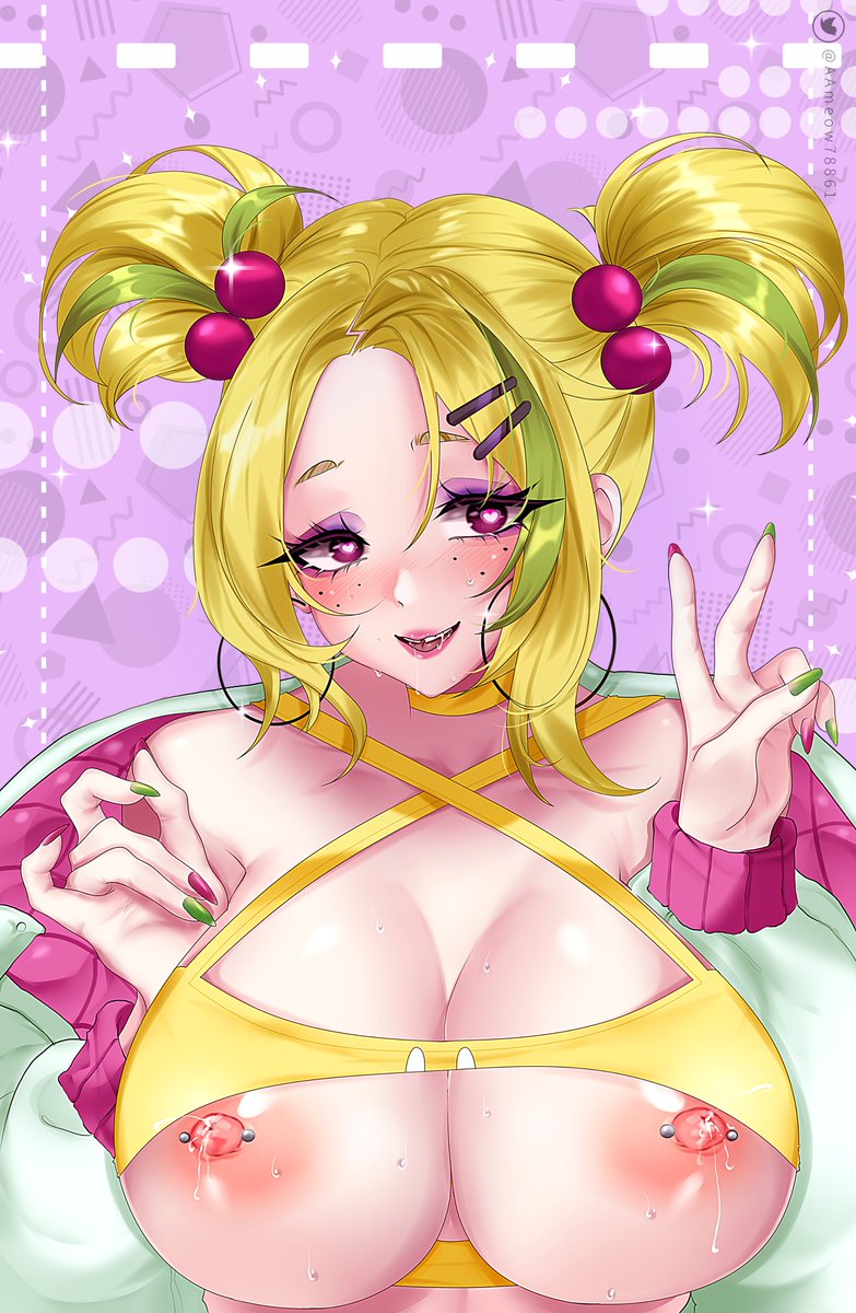 1girls 2023 areolae asmodea_(artist) big_breasts blush cleavage earrings female female_only freckles gift_art green_highlights hairclip heart-shaped_pupils lactation looking_at_viewer makeup nipple_piercing nipples nipples_outside peace_sign pearl_hair_ornament pink_eyes saya_(rizdraws) smiling smiling_at_viewer solo twintails v_sign yellow_eyes