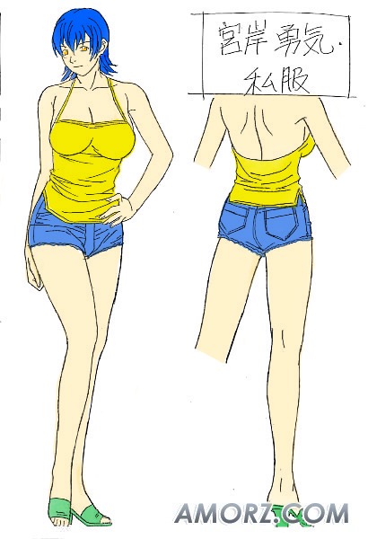 blue_shorts colored_sketch discipline:record_of_a_crusade discipline_zero green_sandals hand_on_hip large_breasts miyagishi_yuuki sandals short_blue_hair short_hair short_shorts sketch tank_top yellow_tank_top