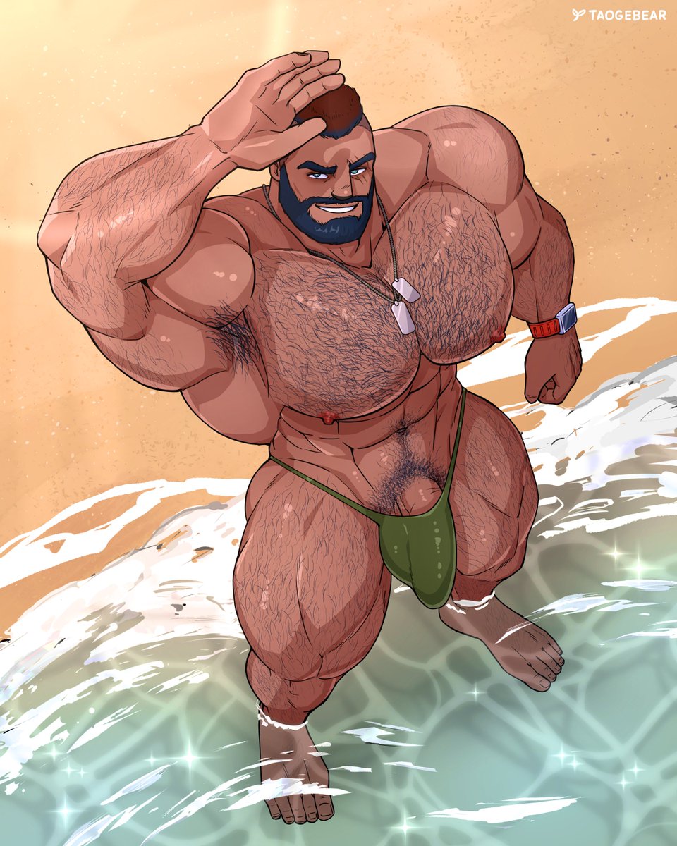 balls bara beard body_hair bulge facial_hair final_fantasy final_fantasy_xiv male male_only muscles muscular penis roegadyn simshenko solo solo_male standing taogebear thong