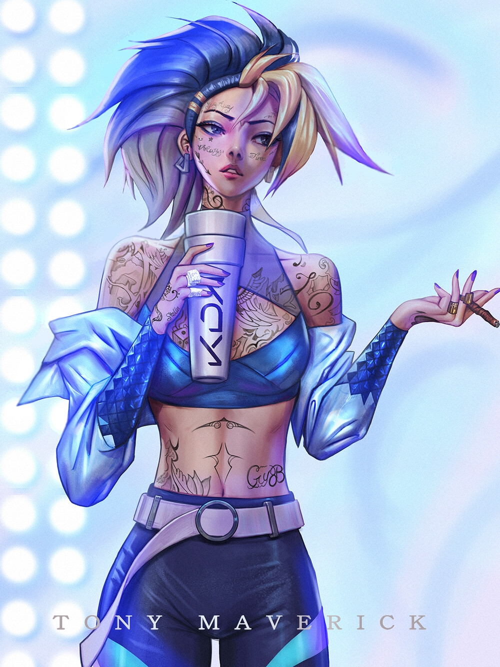 1girls akali artist_request clothed clothing drinking face_tattoo female hi_res highres k/da_akali k/da_all_out_akali k/da_all_out_series k/da_series league_of_legends multicolored_hair ring smoking smoking_weed solo solo_female stomach stomach_tattoo tattoo tattoo_on_arm tattoo_on_belly tattoo_on_chest tattooed_arm tattoos