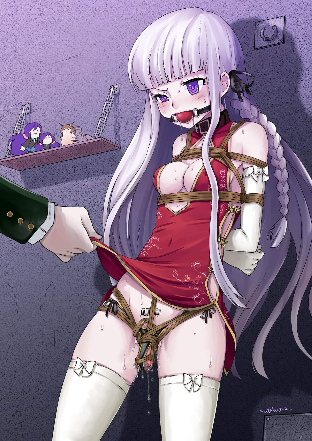 1girls, ball gag, barcode, barcode tattoo, bondage, bound, cleavage, clothing, collar, danganronpa, danganronpa: trigger happy havoc, drool, drooling, eudetenis, female, femsub, gag, gloves, kirigiri kyoko, pubic tattoo, purple eyes, rope, solo focus, straight hair, thighhighs, vibrator, white hair