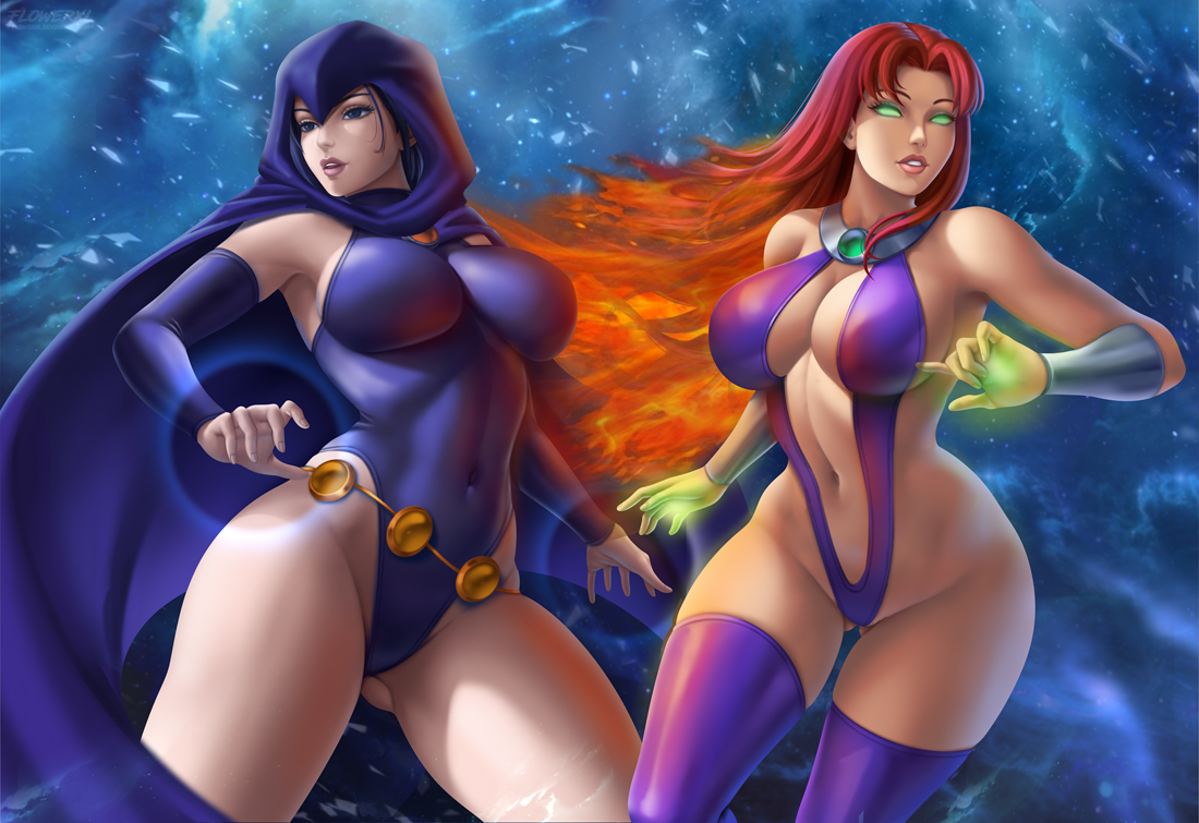 2girls, 5 fingers, alien, alien girl, alternate version available, belly button, belt, big breasts, blue eyes, blue hair, bracelet, bracelets, breasts, busty, cape, cleavage, clothed, clothed female, clothes, clothing, collar, color, colored, costume, curvaceous, curvy, curvy figure, dark hair, dc, dc comics, eyelashes, female, female only, flowerxl, glowing eyes, green eyes, hair, happy, hood, hourglass figure, humanoid, koriand'r, large breasts, leotard, light skin, light-skinned female, long hair, looking away, multiple females, multiple girls, navel, no bra, no panties, no underwear, open eyes, orange skin, outfit, pale, pale skin, pale-skinned female, rachel roth, raven (dc), red hair, revealing clothes, simple background, skimpy clothes, sling bikini, smile, smiling, smooth skin, starfire, starfire (classic), superheroine, swimsuit, tamaranean, teen titans, teeth, thick thighs, thighhighs, thin waist, tight clothing, uncensored, uniform, very long hair, voluptuous, wide hips