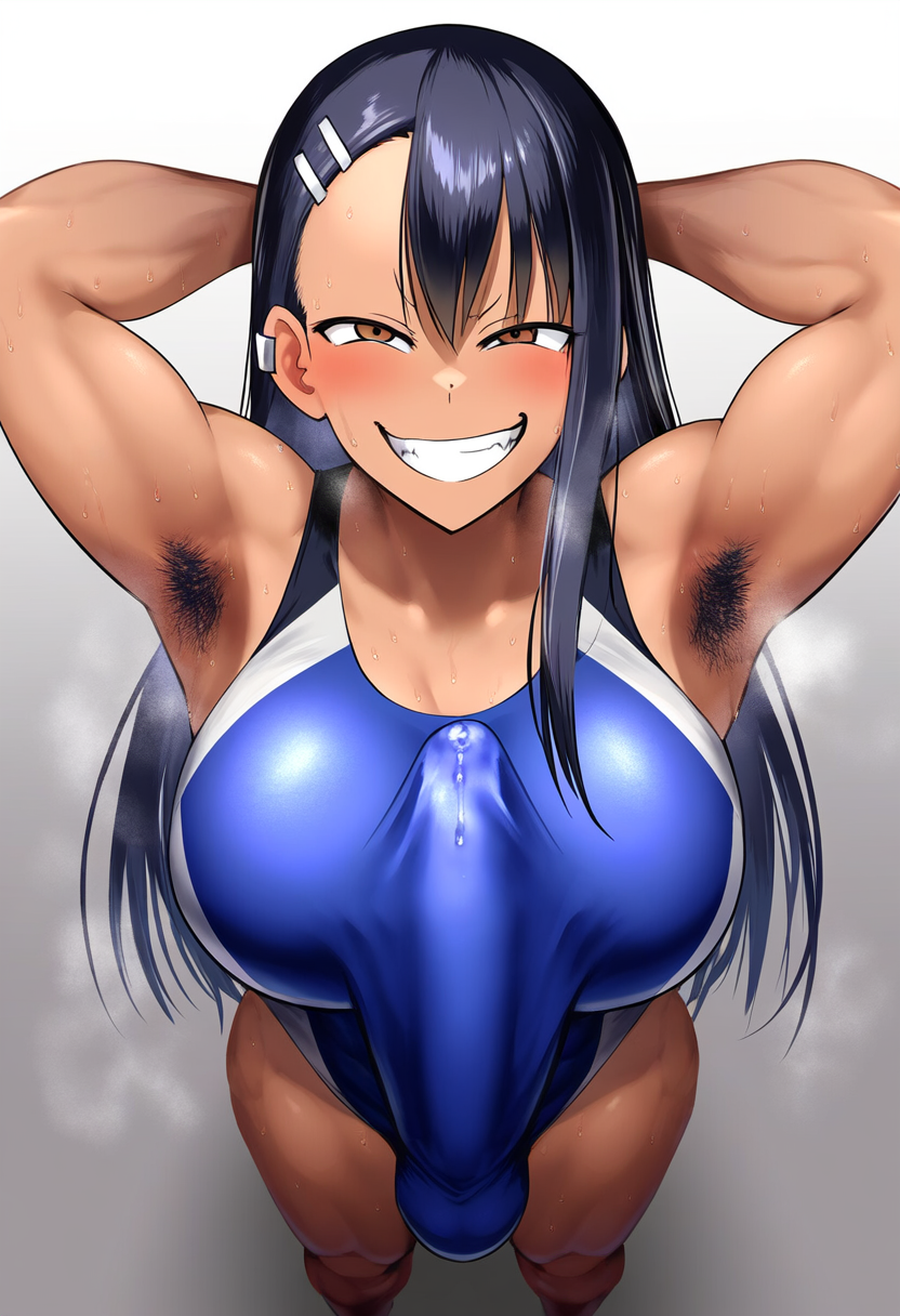1futa, ai generated, angry, angry face, armpit fetish, armpit hair, armpits, balls, black hair, bulge, bulge through clothing, clenched teeth, earring, erect penis, erection, erection under clothes, fangs, from above, futa armpit hair, futa only, futanari, gloopai, hairy armpits, hayase nagatoro, intersex, long hair, looking at viewer, nai diffusion, penis, please don't bully me, nagatoro, precum, precum drip, precum on penis, smug, solo, steam, steaming body, sweat, sweatdrop, sweating, swimsuit, tan, tan body, tan-skinned futa, tanned, testicles
