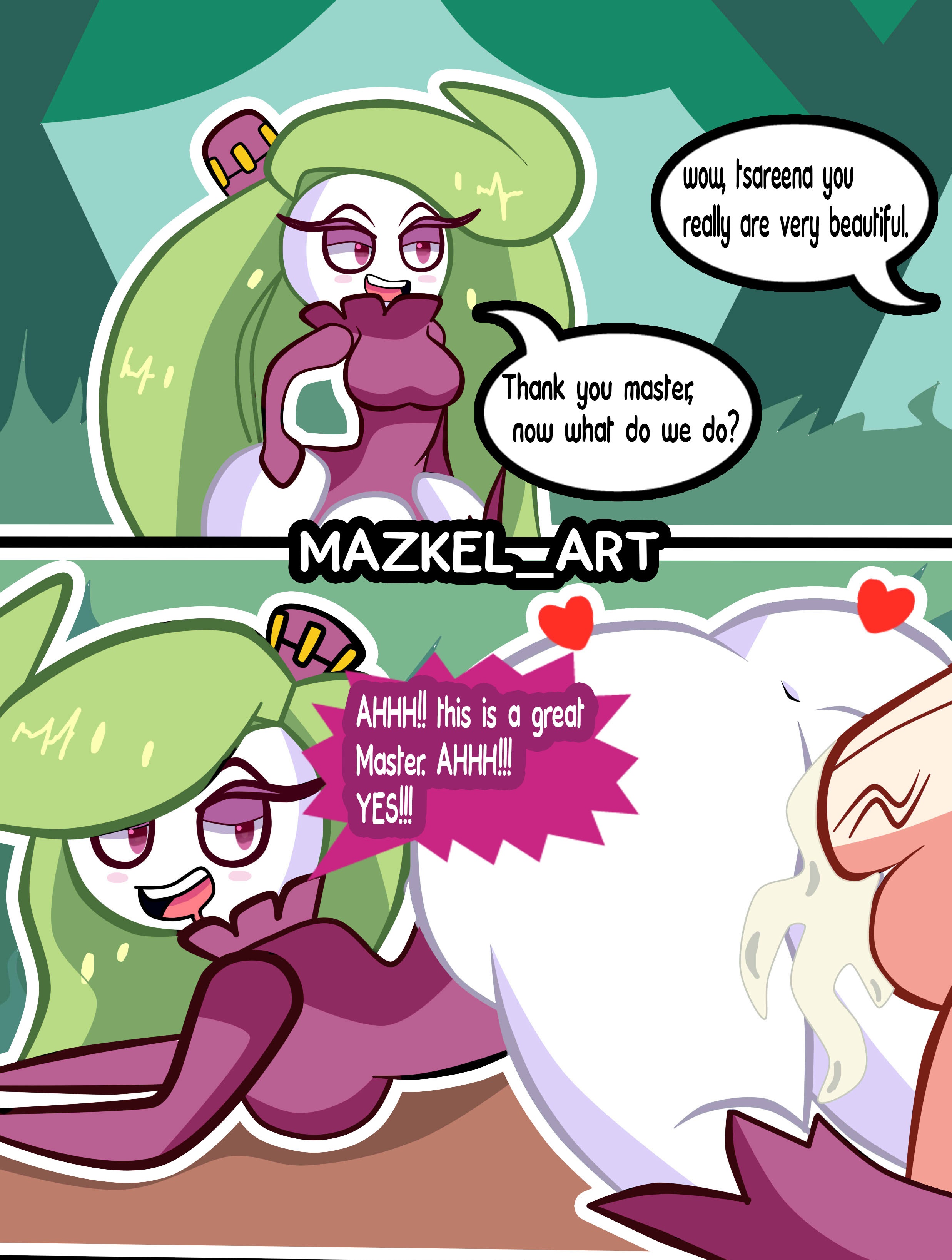 ass, ass up, comic, cum, cum in pussy, dialogue, female, female focus, flora fauna, interspecies, male, mazkel art, penis, penis in pussy, pokémon (species), pokemon, pokemon (species), pokemon sm, pokephilia, pussy, sex, tsareena, two panel image, wide hips