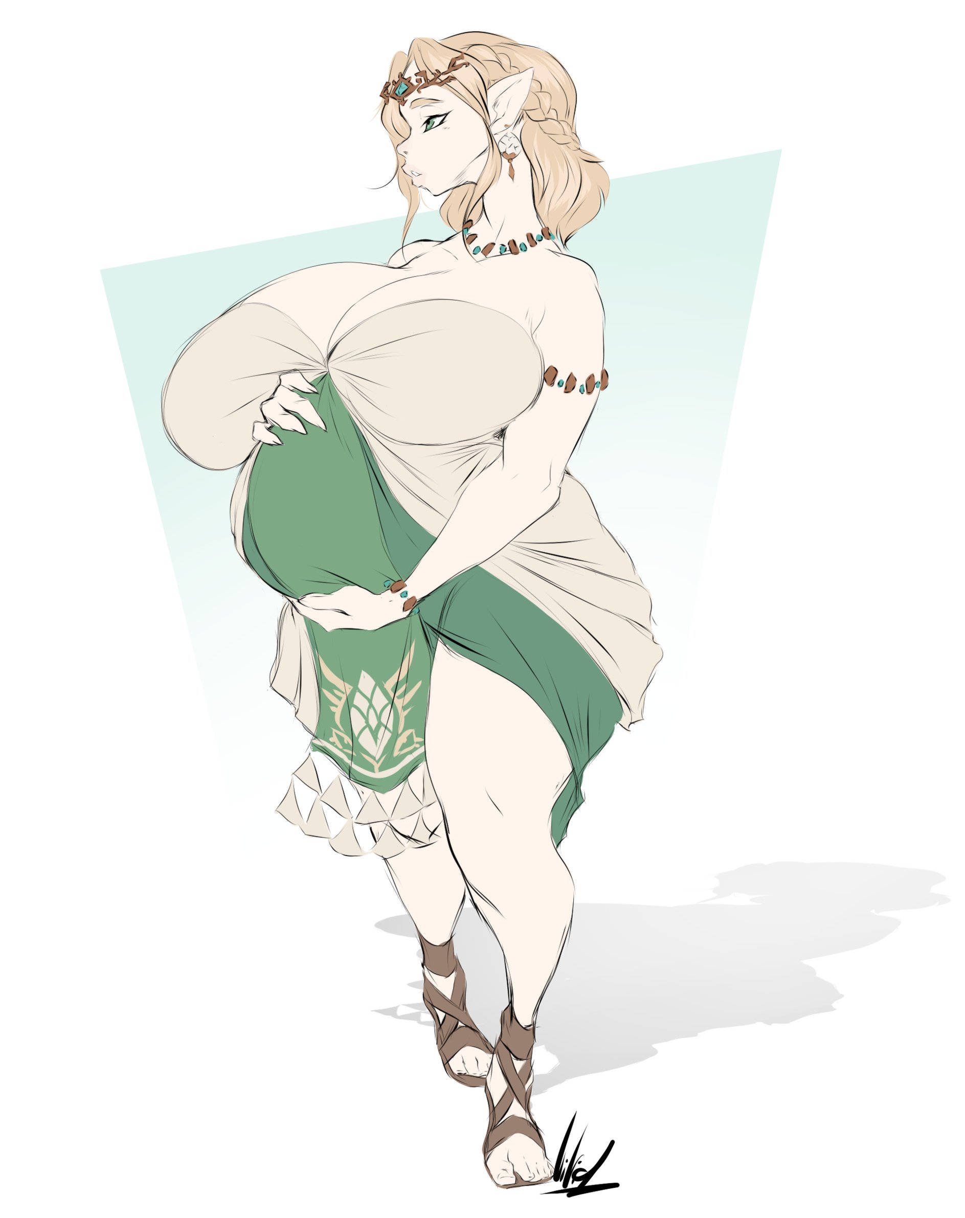 1girls, armwear, big breasts, bracelet, braid, breasts, dullvivid, female, gigantic breasts, green eyes, hands on belly, hands on stomach, jewelry, light skin, light-skinned female, looking away, necklace, open toe footwear, open toe shoes, pale skin, pale-skinned female, pointy ears, pregnant, princess zelda, sandals, shadow, signature, simple background, simple shading, tears of the kingdom, the legend of zelda, thick thighs, wide hips, zelda (tears of the kingdom)