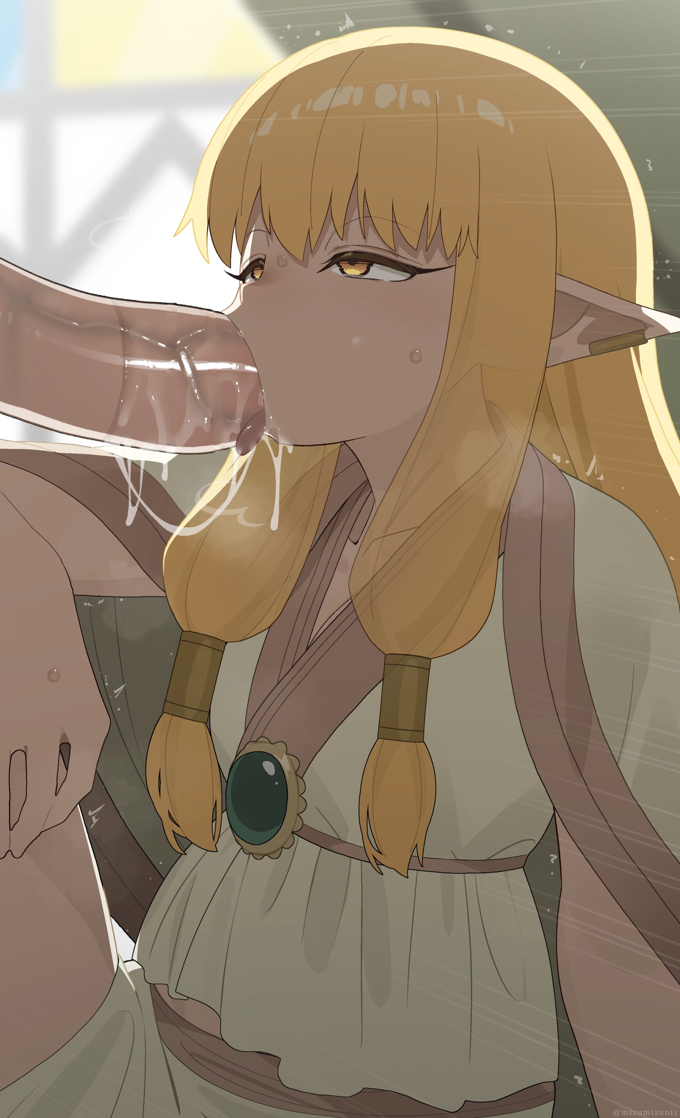 1boy, absurdres, blonde hair, blurry, blurry background, decensored, elf, elf ears, elf female, fellatio, female, highres, human, human male, long hair, male, male human/female elf, mizumizuni, oral, pointy ears, serie (sousou no frieren), solo focus, sousou no frieren, straight, uncensored, yellow eyes