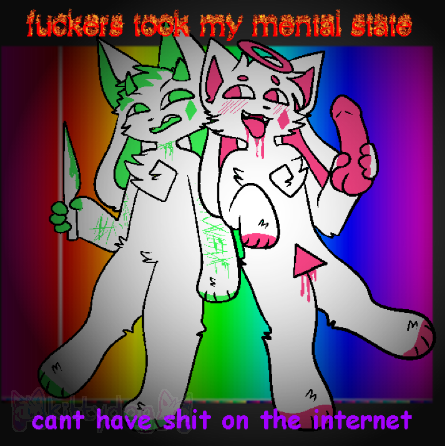 blood blood_on_knife dildo duo furry furry_only green halo holding_dildo holding_knife horn_(kittydogcrystal) horns kittydogcrystal knife meme pink_dildo rage_(kittydogcrystal) self_harm self_harm_scars suggestive