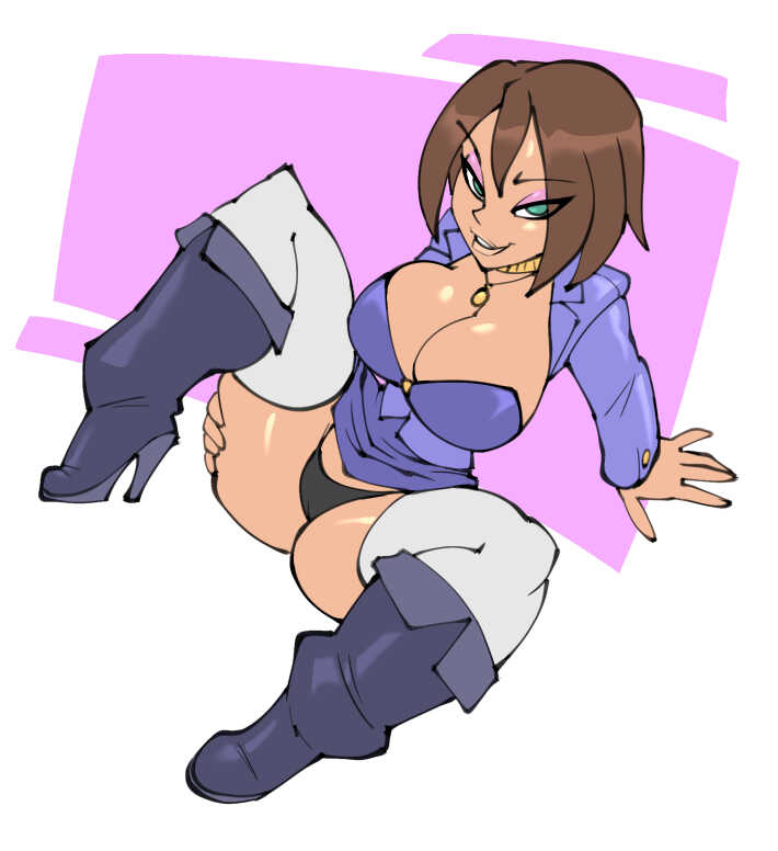 1girls, big breasts, bigdad, bonnie rockwaller, breasts, brown hair, clothed, clothing, dark skin, dark-skinned female, disney, disney channel, female, female focus, female only, kim possible, looking at viewer, panties, short hair, sitting, smile, solo, solo female
