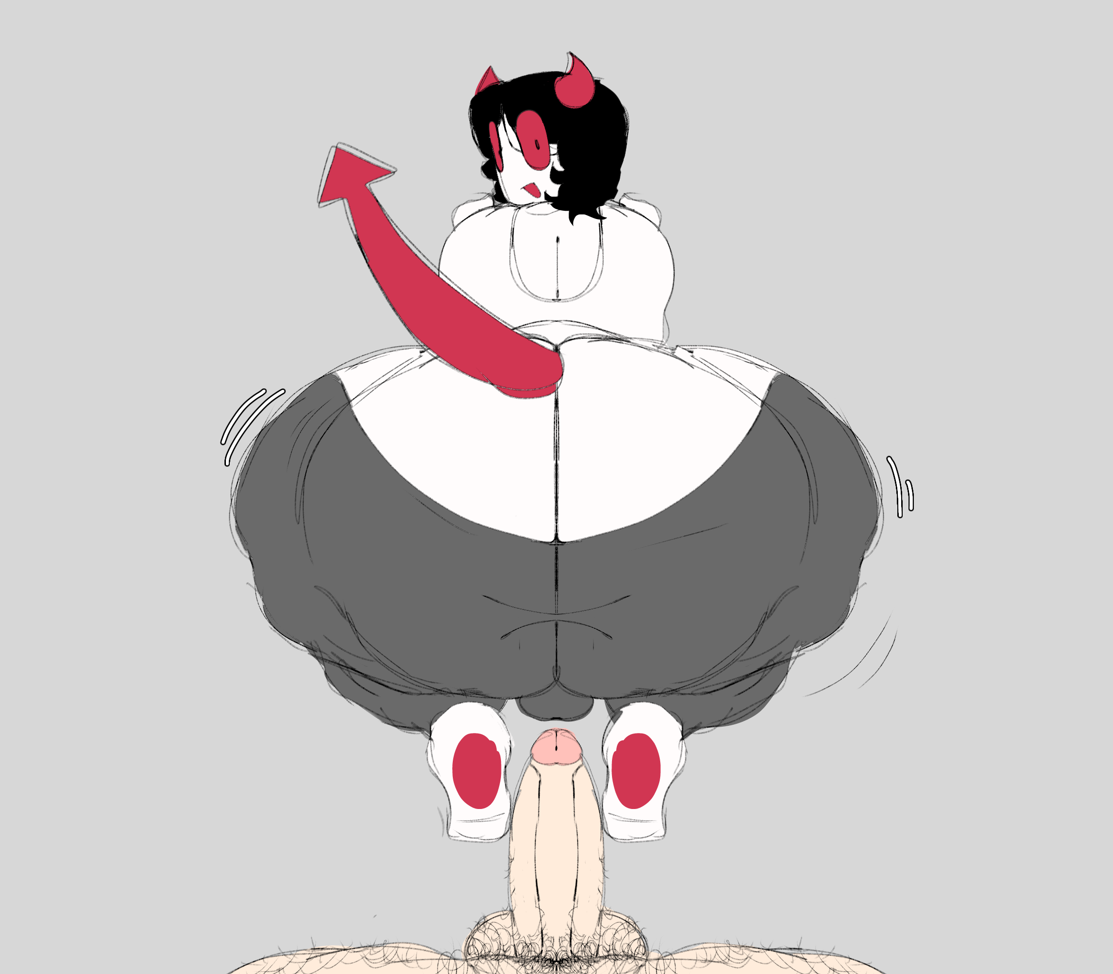 2boys, anon, ass, ass focus, balls, before anal, before sex, big ass, big ass (male), black hair, bottom heavy, bottom heavy femboy, bulge, bussy, clothing, demon, demon horns, demon tail, duo male, evil margan, femboy, gay, gay male, gray background, gray pants, hairy male, halodouble, looking at viewer, looking back, male only, pants down, pawpads, penis, pose, red eyes, red horns, red pawpads, red tail, short hair, smile, smiley face, smiling, smiling at viewer, squat, squatting, squatting on penis, succubus horns, succubus tail, tagme, thick, thick ass, vein, veiny penis, viewer pov, white body, white shirt, white skin, white skinned male, wobbling, wobbling ass, yoga pants