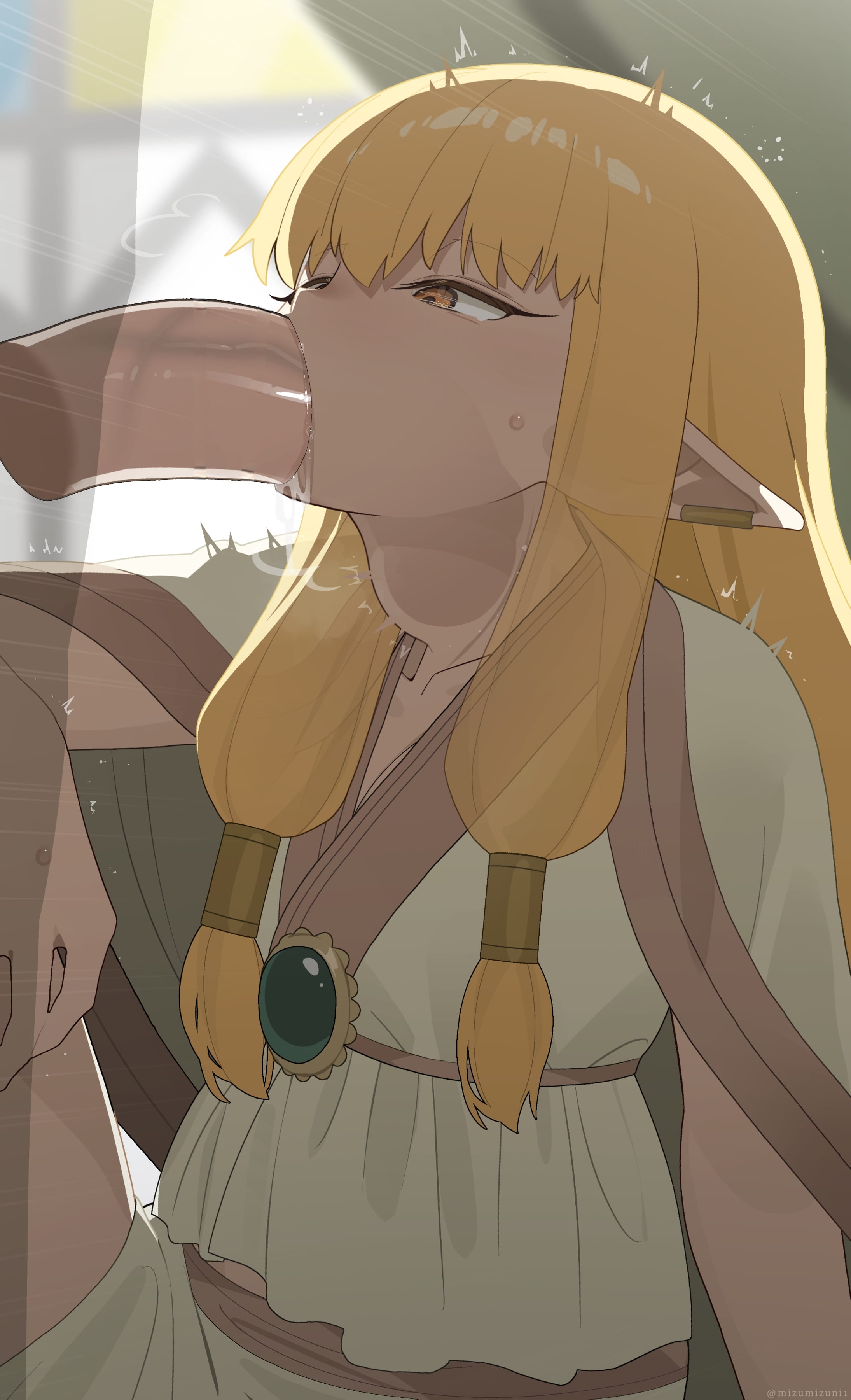 1boy, absurdres, blonde hair, blurry, blurry background, decensored, deepthroat, elf, elf ears, elf female, fellatio, female, highres, human, human male, long hair, male, male human/female elf, mizumizuni, oral, pointy ears, serie (sousou no frieren), solo focus, sousou no frieren, straight, uncensored, yellow eyes