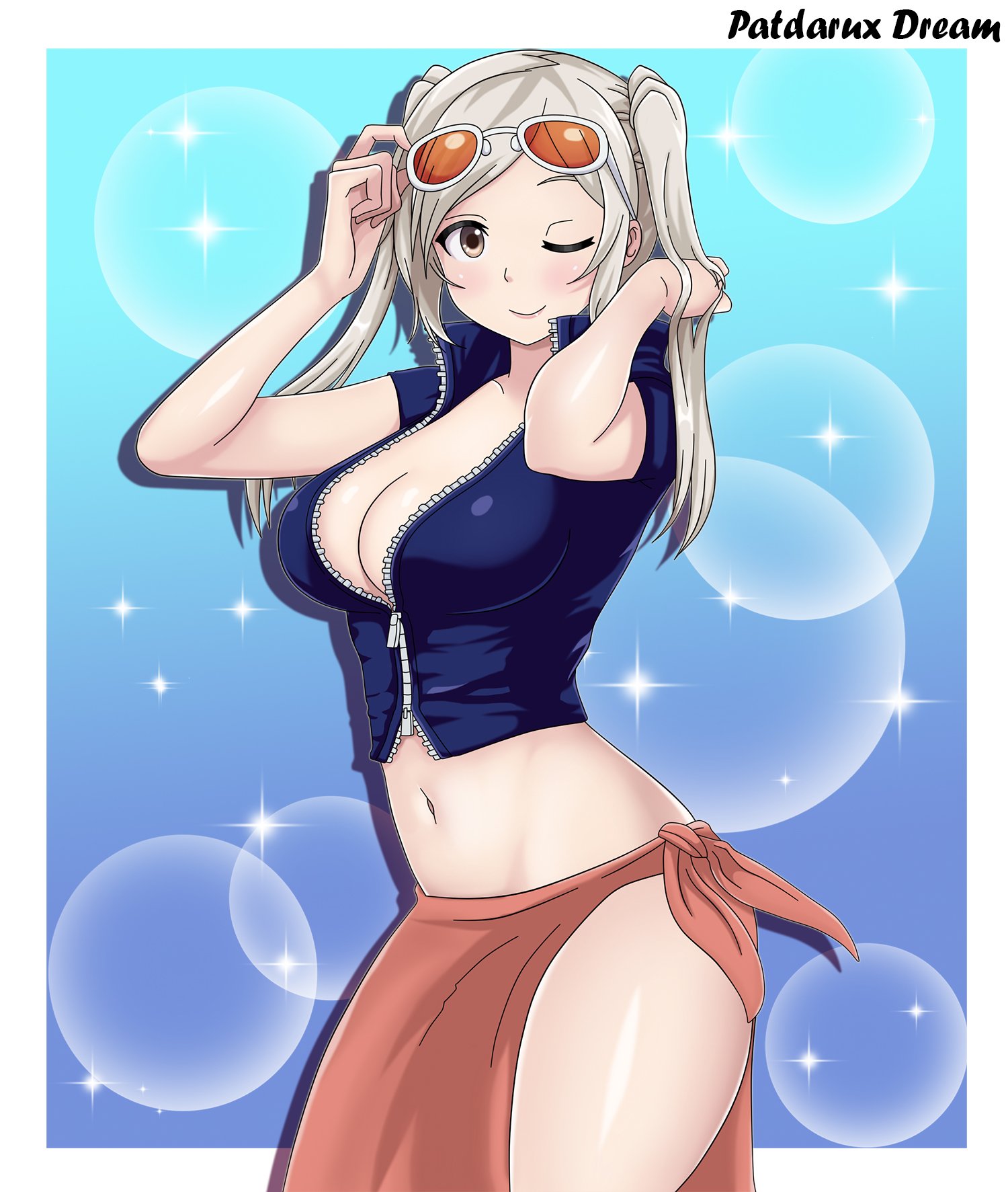 1girls, big breasts, breasts, brown eyes, cleavage, cosplay, crossover, curvaceous, female, female only, fire emblem, fire emblem awakening, fully clothed, large breasts, midriff, name connection, navel, nico robin (cosplay), nintendo, no bra, no panties, no underwear, one piece, patdarux, patdarux dream, robin (fire emblem), robin (fire emblem) (female), sarong, shirt, shounen jump, silver hair, smile, sunglasses, sunglasses on head, thick thighs, twintails, unzipped, wink, zipper