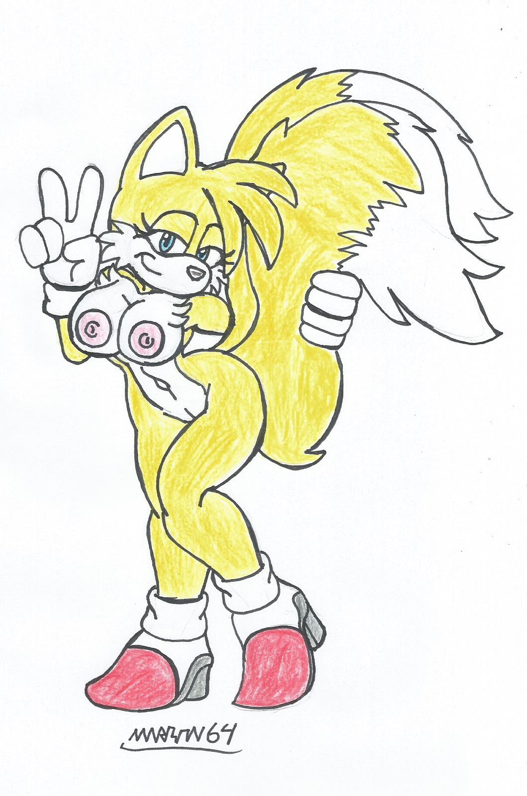 1girls big_breasts big_hips blue_eyes fox_girl furry high_heels looking_at_viewer marlon64 mobian_(species) naked_female naked_gloves naked_with_shoes_on rule_63 sega smiling_at_viewer solo_female sonic_(series) sonic_the_hedgehog_(series) tails tailsko traditional_drawing_(artwork) v_sign white_background white_fur yellow_fur