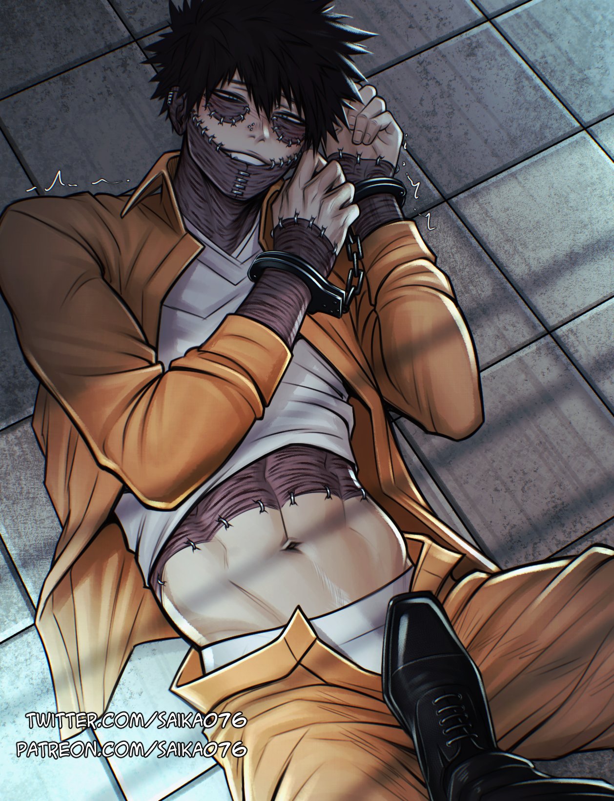 biting_own_lip boku_no_hero_academia clothed_sex clothing dabi handcuffs male_only my_hero_academia on_back on_floor orange_jumpsuit prisoner saika076 todoroki_touya touya_todoroki yaoi