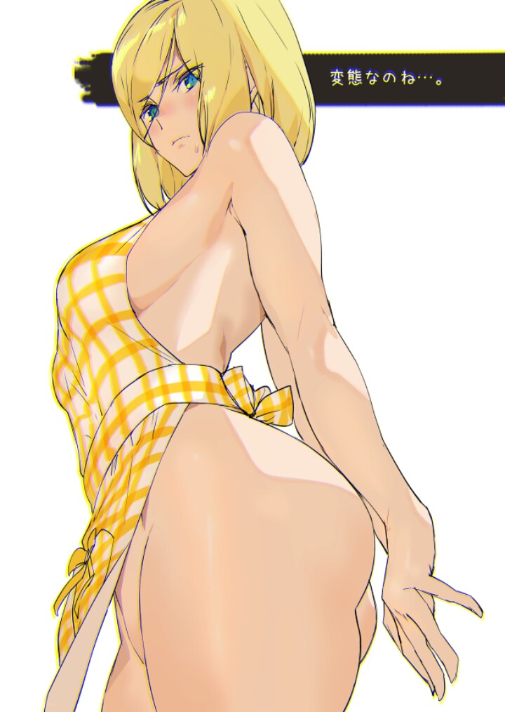 1girls ashiomi_masato blonde_hair blue_eyes blush guilty_gear millia_rage naked_apron solo_female