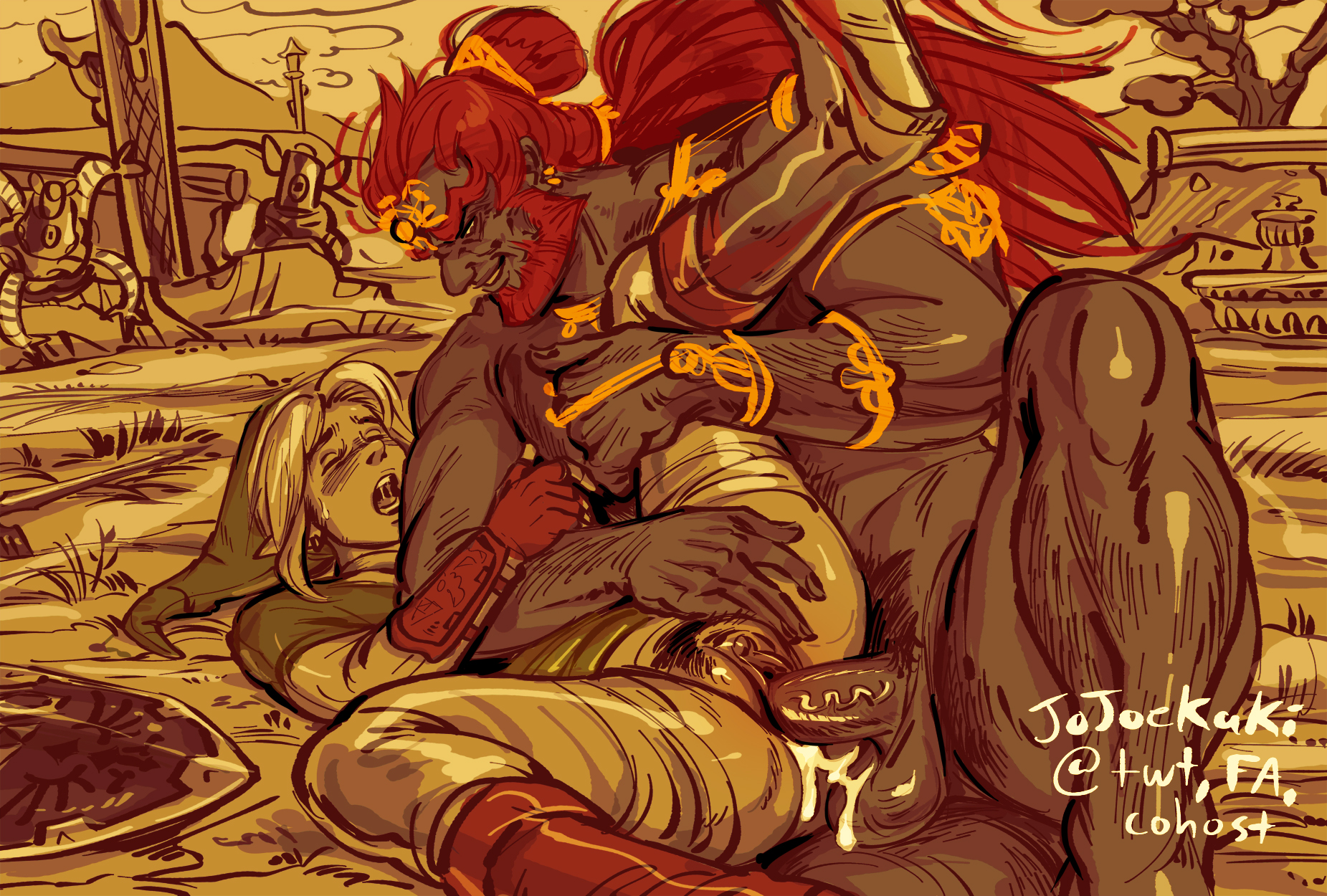 2boys, balls, boner, cuntboy, cuntboy/male, erection, ganondorf, ganondorf (tears of the kingdom), intersex, jojoekaki, knight, leg up, link, link (breath of the wild), male, male only, muscular, muscular male, nintendo, nude, penis, pussy, sex, size difference, the legend of zelda, vaginal penetration