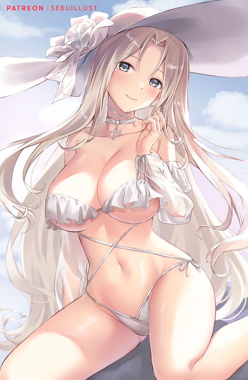 azur_lane bare_shoulders bikini blue_eyes breasts choker cleavage cross cross_choker day female hat highres large_breasts long_hair long_sleeves looking_at_viewer official_alternate_costume sebu_illust sitting slingshot_swimsuit smile sun_hat swimsuit thighs wariza white_hair yorktown_(azur_lane) yorktown_ii_(azur_lane) yorktown_ii_(bright-sky_mermaid)_(azur_lane)