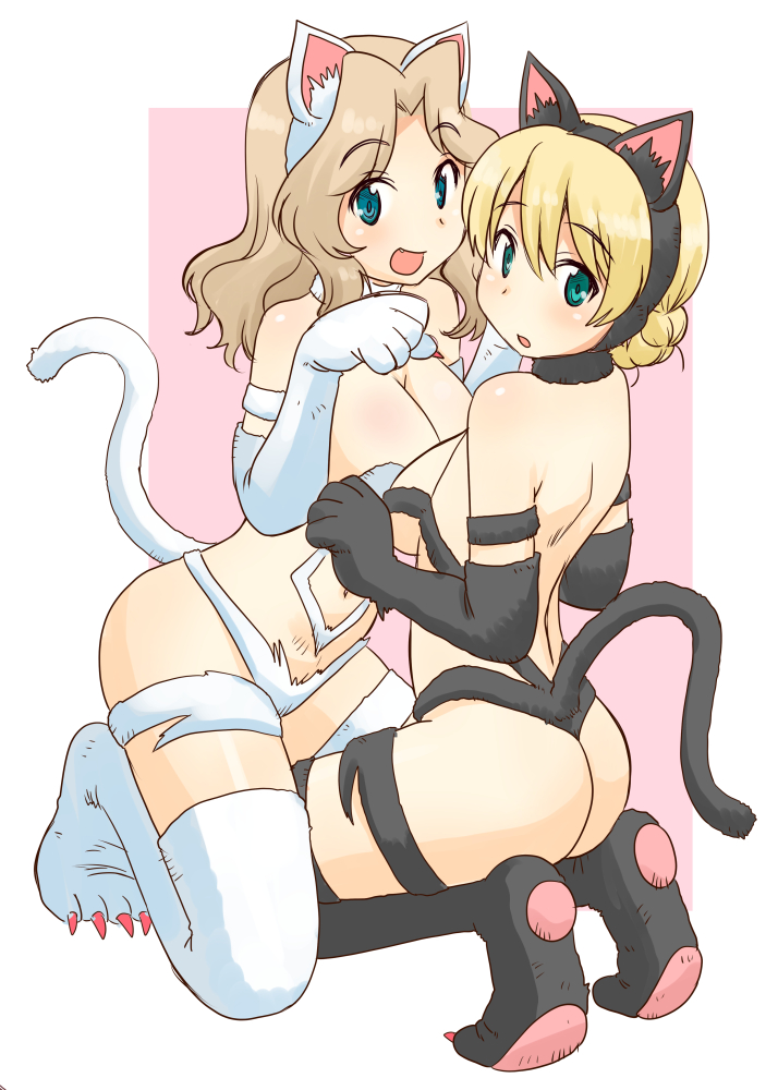 2girls ass blonde_hair blue_eyes breasts cosplay darjeeling darkstalkers eyebrows eyebrows_visible_through_hair felicia_(darkstalkers)_(cosplay) girls_und_panzer kay_(girls_und_panzer) large_breasts mouth_open simple_background tagme uonathereminvox