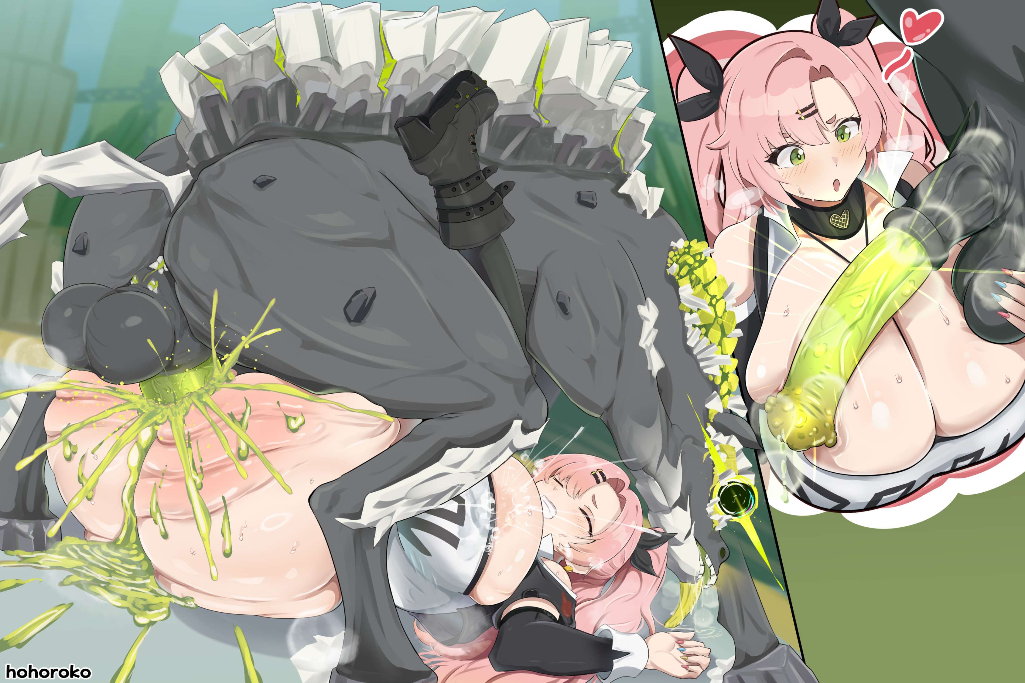 anal sex, ethereal (zenless zone zero), feral, hohoroko, horse, horse penis, human, lying, monster, nicole demara, penis awe, pink hair, sex, unseen face, unseen male face, zenless zone zero
