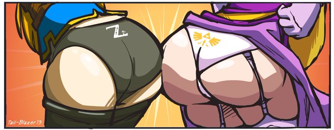 2girls, ass, ass to ass, big ass, black panties, breath of the wild, demigoddess, female, garter straps, hylian, lingerie, nintendo, panties, princess zelda, super smash bros., the legend of zelda, triforce panties, white panties, zelda (a link between worlds), zelda (breath of the wild)