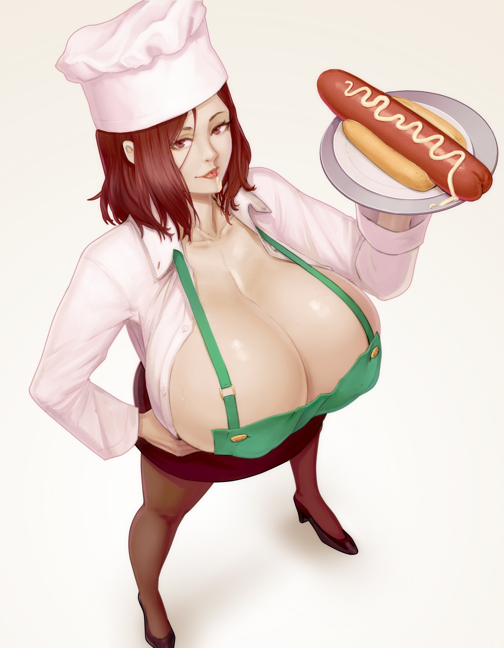 1girls, big breasts, breasts, cleavage, female, female only, from above, full body, hot dog, huge breasts, ictiwinter, large breasts, looking at viewer, massive breasts, materclaws, round breasts, simple background, solo, solo female, unbuttoned shirt, viewed from above