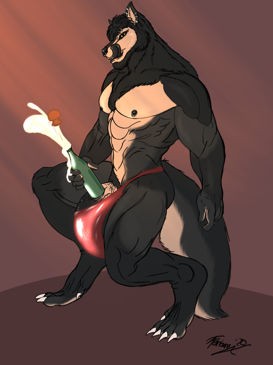 3:4 alcohol anthro_only balls beverage big_balls big_penis black_nipples black_sclera black_tongue bulge canid canine canis champagne clothing cork digital_media_(artwork) digitigrade fenrir_osbone fenrir_osbone_(character) fur genital_piercing genitals hi_res humanoid_penis licking licking_lips looking_at_viewer male male_only mammal mane muscular nipple_piercing nipples no_humans penis piercing solo thong tongue tongue_out underwear vein were werecanid werecanine werewolf wolf yellow_eyes