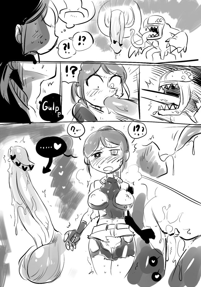!?, ?!, 1girls, 2d, blush, breasts, censored, claire redfield, clothing, crap-man, extreme french kiss, female, gulp, heart-shaped pupils, legs together, licker (resident evil), long hair, male, monochrome, monster, open mouth, penis, pussy, resident evil, resident evil 2, swallowing, throat bulge, torn clothes, wide eyed