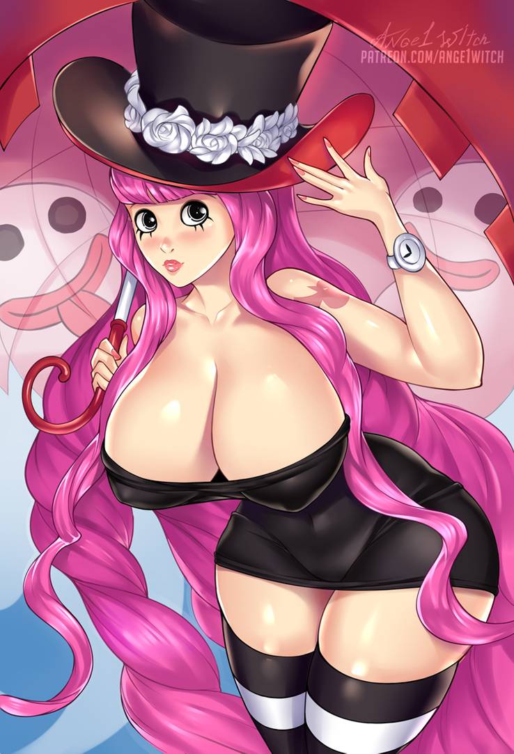 1girls akuma_no_mi ange1witch artist_name big_breasts black_eyes breasts cleavage collarbone curly_hair dress female female_only ghost gothic_lolita hat horo_horo_no_mi large_breasts lolita_fashion long_hair mini_hollows nipples nipples_visible_through_clothing one_piece perona perona_ghost pink_hair post-timeskip signature socks striped striped_legwear tattoo thigh_sock thighhighs top_hat url very_long_hair watch