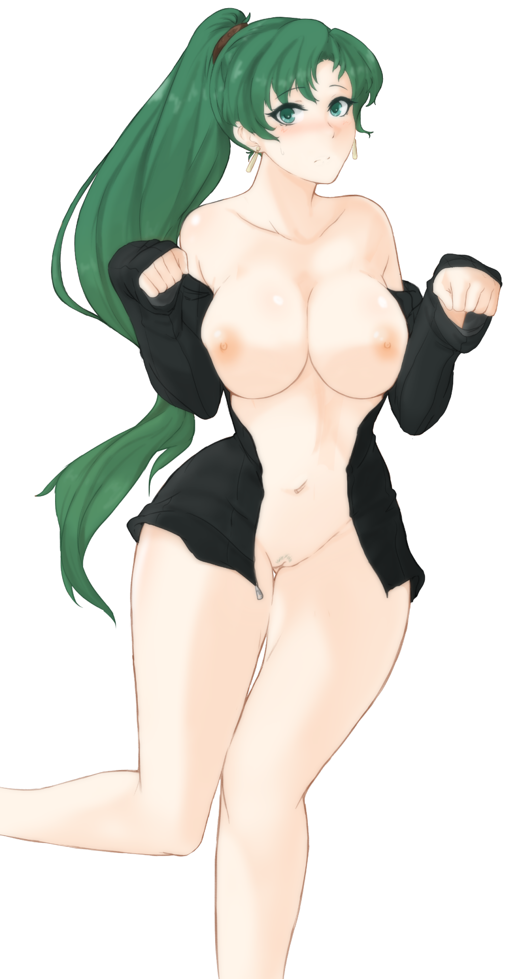 areolae bare_shoulders black_hoodie black_jacket blush breasts cleavage collarbone curvy earrings eyebrows_visible_through_hair facing_viewer female fire_emblem fire_emblem:_the_blazing_blade fire_emblem_heroes green_hair hair_between_eyes highres hood hoodie jacket jewelry large_breasts light_blush long_hair looking_at_viewer lyn_(fire_emblem) lyndis_(fire_emblem) navel nipples nude parted_lips partially_undressed paw_pose ponytail pubic_stubble pussy solo standing standing_on_one_leg surprised thighs transparent_background tridisart unzipped unzipping wide_hips