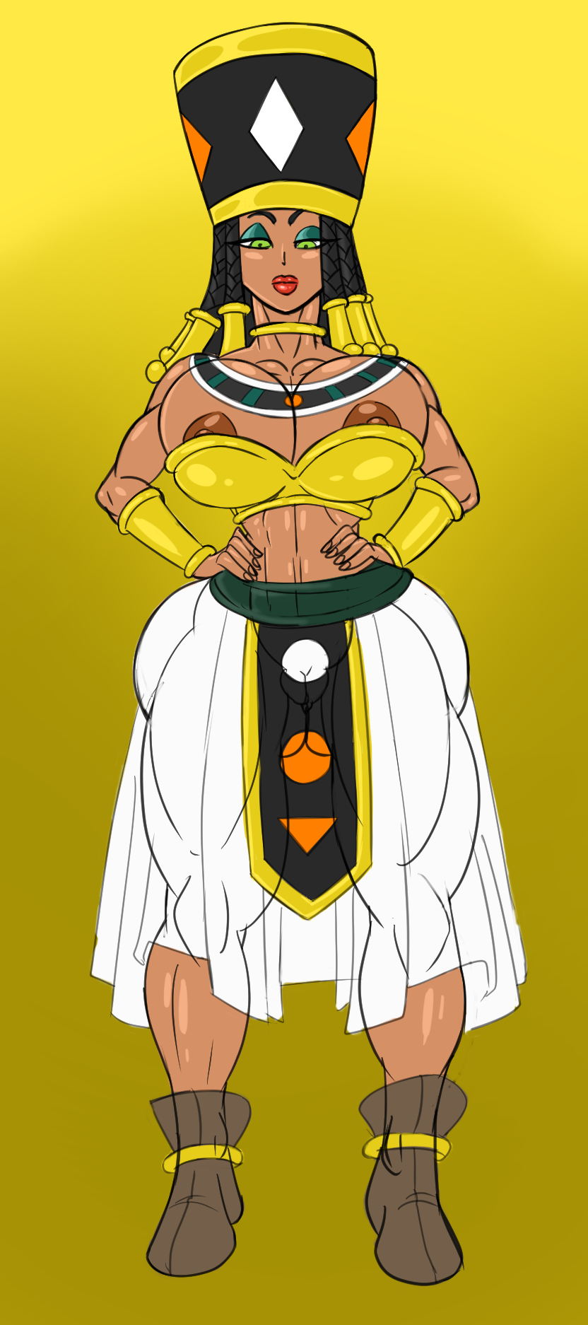 1girls alternate_version_available areola_slip bare_shoulders big_breasts black_hair bracer busty choker cleavage curvy dark-skinned_female dark_skin dragon_ball dragon_ball_super erect_nipple erect_nipples eyelashes eyeshadow female female_only front_view goddess_of_destruction green_eyes half-closed_eyes hand_on_hip hands_on_hip hands_on_hips headdress helles hourglass_figure human lipstick long_hair long_skirt looking_at_viewer makeup midriff pose posing red_lipstick shoes simple_background skirt solo spread_legs spreading standing sun1sol text thick_lips voluptuous white_skirt wide_hips