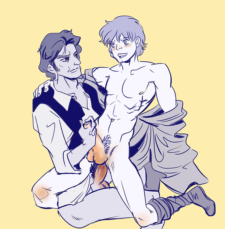 2boys abs age_difference anal_penetration anal_sex bottomless erection foreskin gay han_solo holding_penis looking_at_partner luke_skywalker male multiple_males multiple_penises pants_around_one_leg pectorals penis penis_size_difference pubic_hair sitting_on_penis star_wars uncircumcised uncut undressing yellow_background
